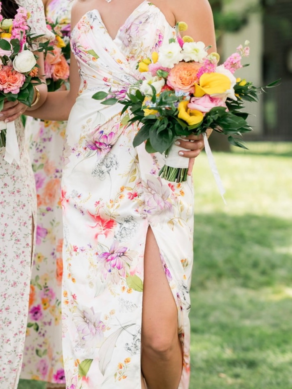 Katie May Come On Now White & Floral Strapless Midi Dress with Slit